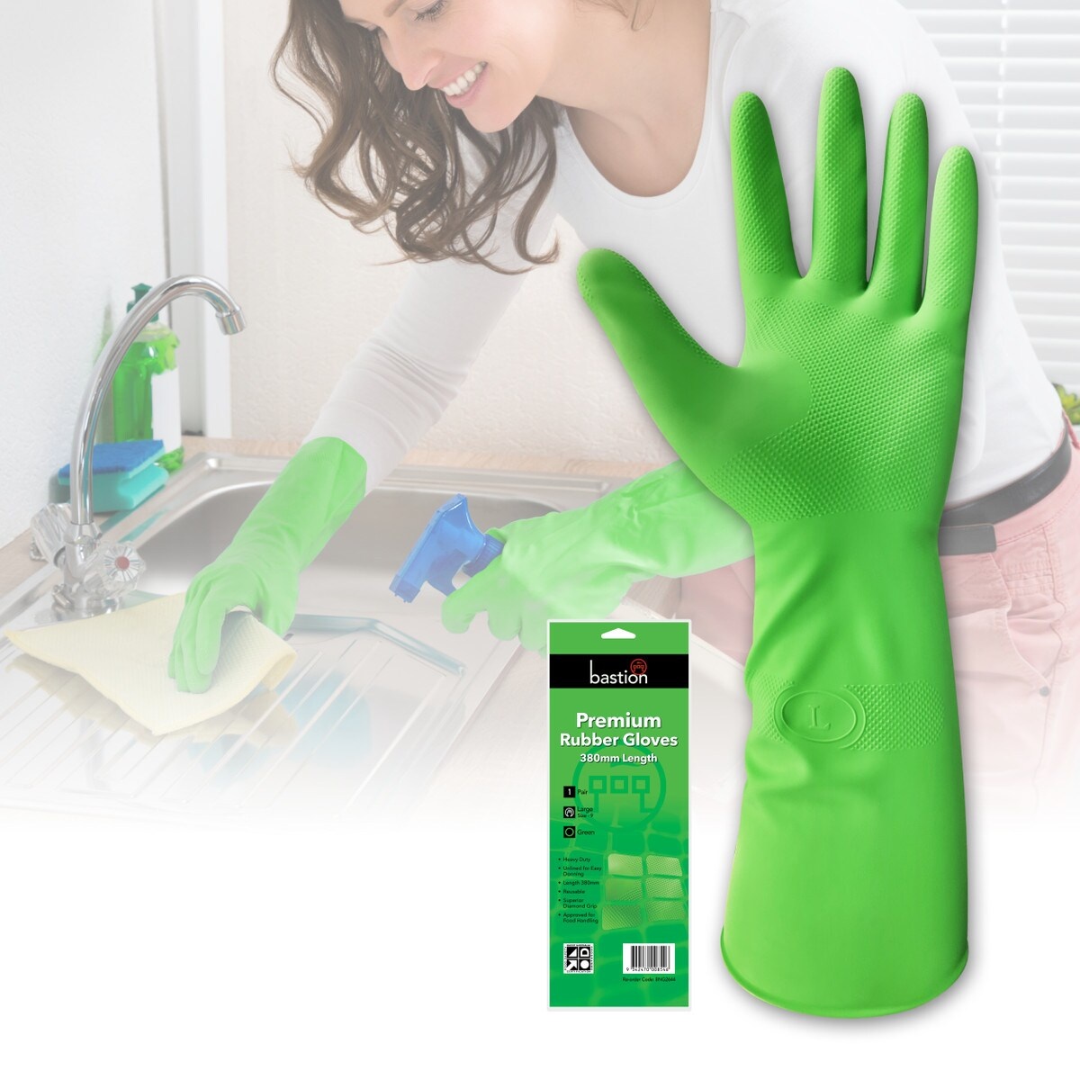 Bastion Premium Diamond Grip Rubber Gloves Green 380mm -L