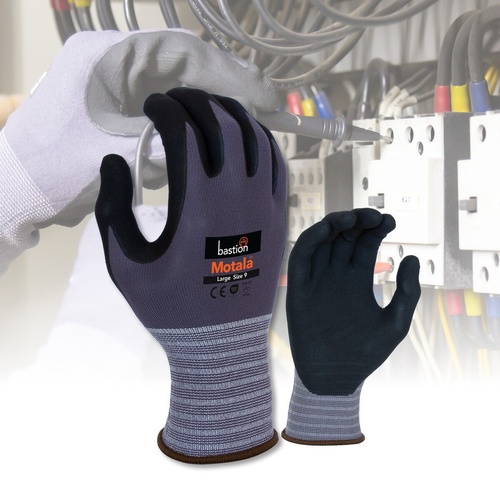 Bastion Motala Grey Nylon/Spandex Gloves - Black Micro Foam Nitrile Small